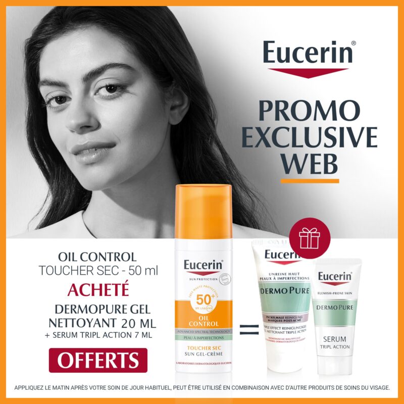 EUCERIN SUN PROTECTION OIL CONTROL GEL-CRÈME SPF50+ 50 ML = DERMOPURE TRIPLE ACTION GEL 20ML + SERUM TRIPLE ACTION 7ML OFFERTS